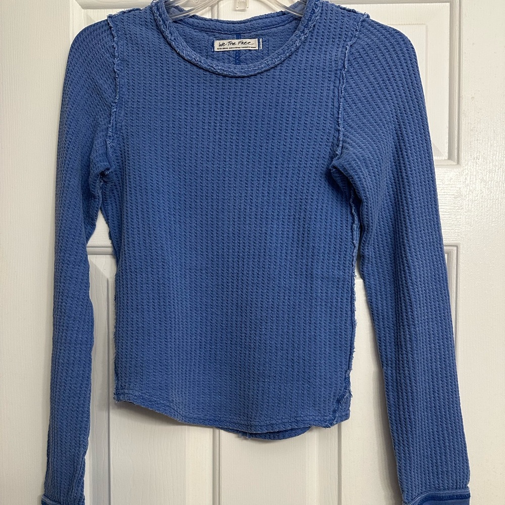 Free People Blue Ribbed Fitted Long Sleeve Tee
